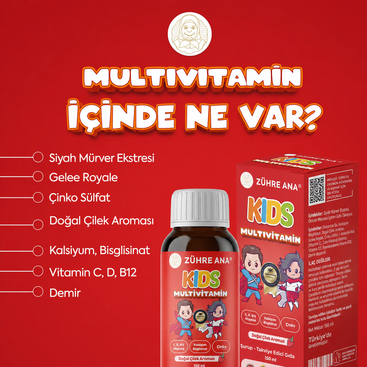 Zühre Ana Kids Multivitamin Çilekli Şurup 150 ml | Multivitamine Siroop | Aardbeiensmaak