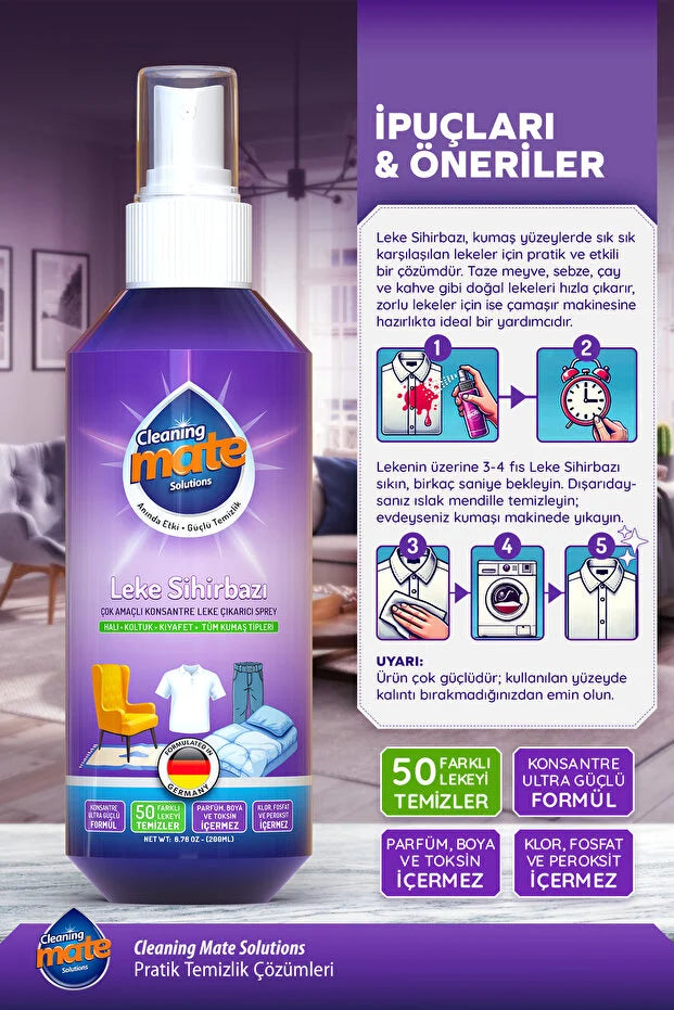 Cleaning Mate Solutions Leke Sihirbazı Vlekverwijderaar Spray 200 ml – Multifunctionele Vlekreiniger