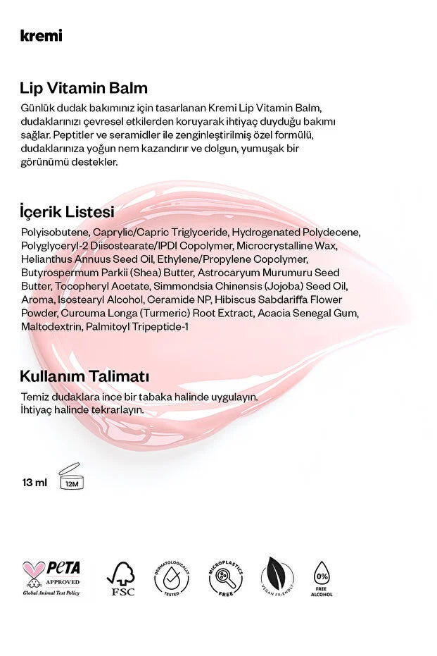 Kremi Lip Vitamin Balm Peach - Getinte Lippenbalsem - Peptiden & Ceramiden - Hydraterend - Perzikgeur - 13 ml