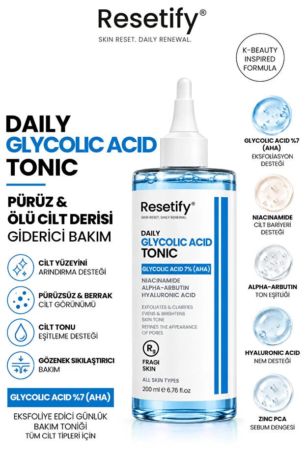 Resetify Daily Glycolic Acid Tonic - Exfoliërende Gezichtstoner - 7% Glycolzuur AHA - Niacinamide & Hyaluronzuur - Egaliserende Huidverzorging - 200 ml