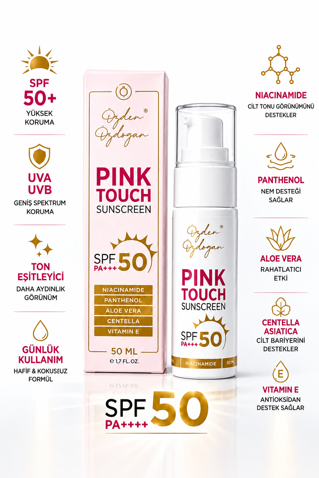 Özden Özdoğan Pink Touch Sunscreen SPF 50+ PA++++ – Tone-Up Zonnebrandcrème 50 ml