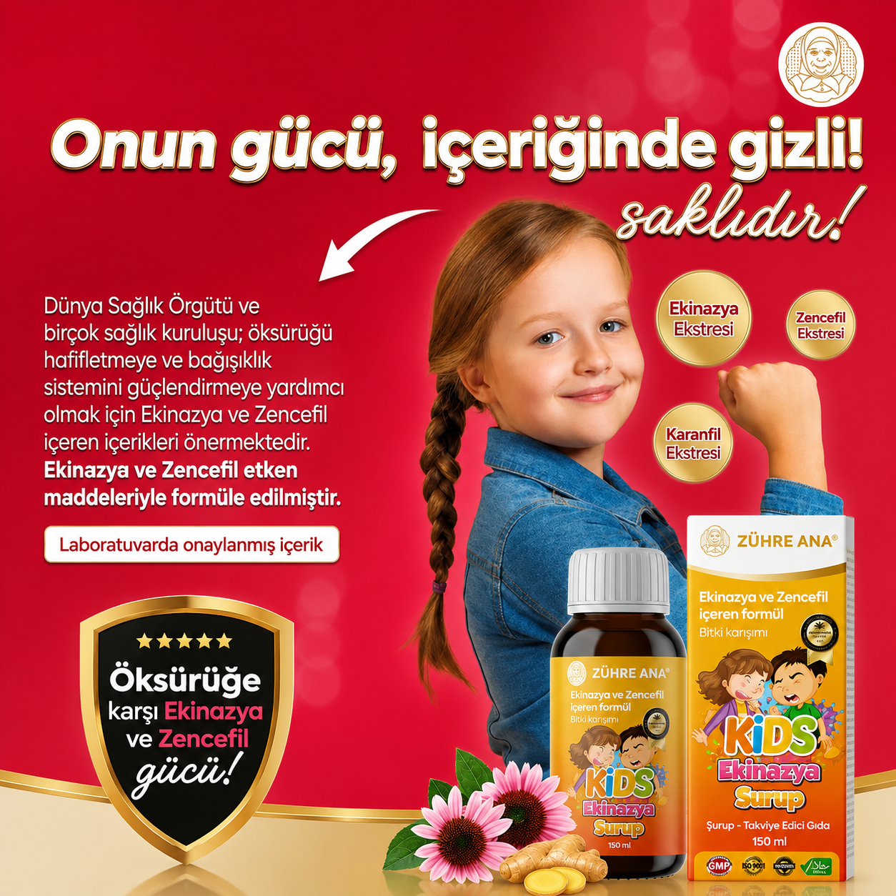 Zühre Ana Kids Ekinezya ve Zencefilli Şurup - 150ml | Echinacea & Gember Siroop | Met Natuurlijke Bananensmaak