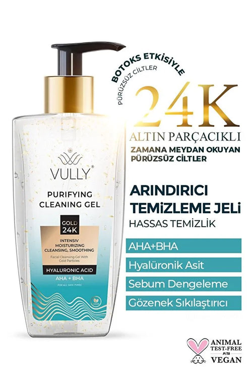 VULLY - Intensieve Zuiverende Hydraterende Roriënverstevigende Verzachtende AHA + BHA Hyaluronzuur Gezichtsreinigingsgel met 24k Gouden Deeltjes 200 ml