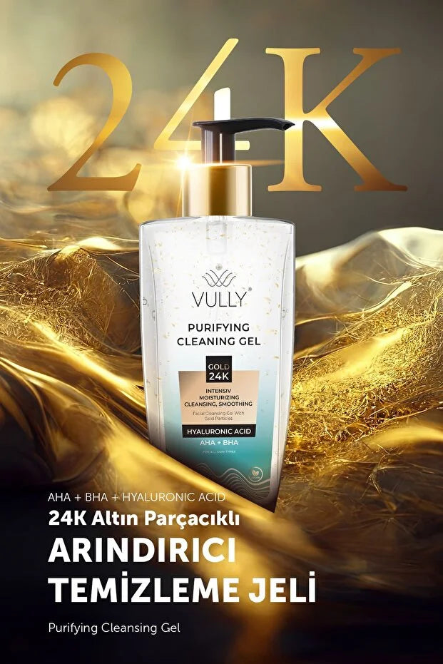 VULLY - Intensieve Zuiverende Hydraterende Roriënverstevigende Verzachtende AHA + BHA Hyaluronzuur Gezichtsreinigingsgel met 24k Gouden Deeltjes 200 ml