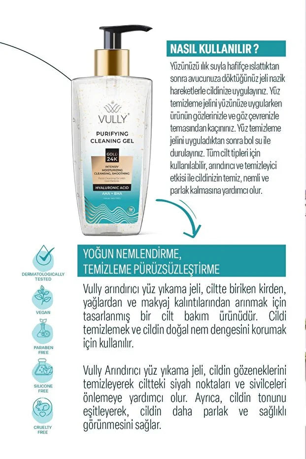 VULLY - Intensieve Zuiverende Hydraterende Roriënverstevigende Verzachtende AHA + BHA Hyaluronzuur Gezichtsreinigingsgel met 24k Gouden Deeltjes 200 ml