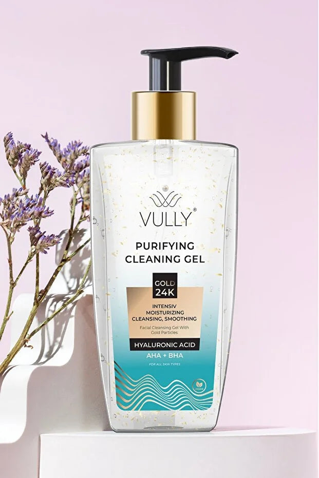 VULLY - Intensieve Zuiverende Hydraterende Roriënverstevigende Verzachtende AHA + BHA Hyaluronzuur Gezichtsreinigingsgel met 24k Gouden Deeltjes 200 ml