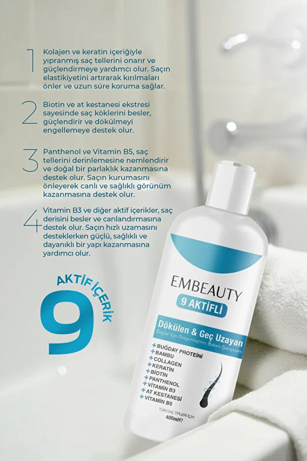 Embeauty - Shampoo Collagen Anti-Haaruitval & stimuleert haargroei Sterke Formule 400ML Shampoo Collagen Keratin Bambu Whey Protein Chestnut Panthenol Biotin Vitamin B5 Vitamin B3