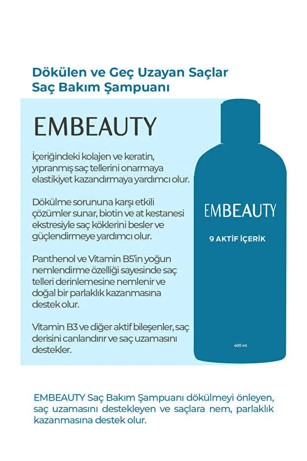 Embeauty - Shampoo Collagen Anti-Haaruitval & stimuleert haargroei Sterke Formule 400ML Shampoo Collagen Keratin Bambu Whey Protein Chestnut Panthenol Biotin Vitamin B5 Vitamin B3