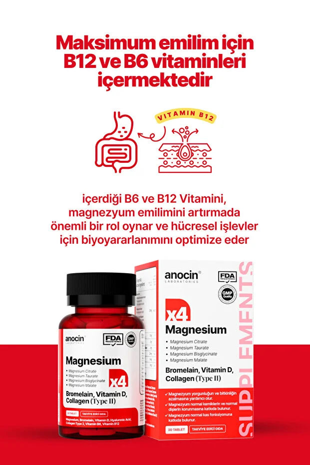 Anocin Magnesium Complex 4-in-1 met Bromelaïne, Vitamine D3, Collageen Type II & Hyaluronzuur – 30 Tabletten