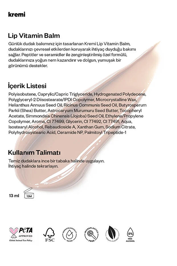 Kremi Lip Vitamin Balm Coffee - Getinte Lippenbalsem - Peptiden &amp; Ceramiden - Hydraterend - 13 ml