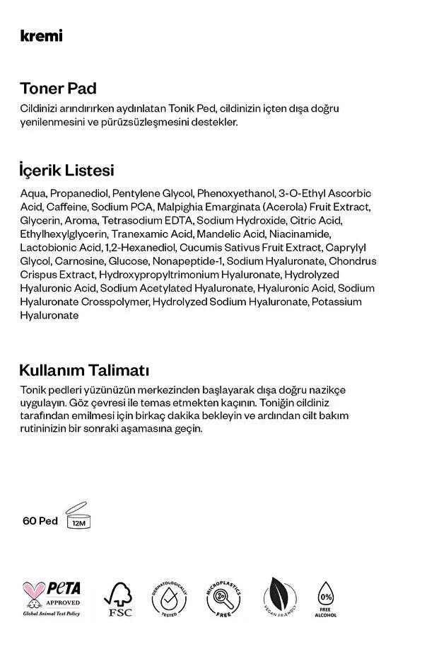 Kremi Toner Pads - Gezichtstoner Pads - Hydraterend &amp; Verfrissend - Met Vitamine C &amp; Hyaluronzuur - 60 Pads