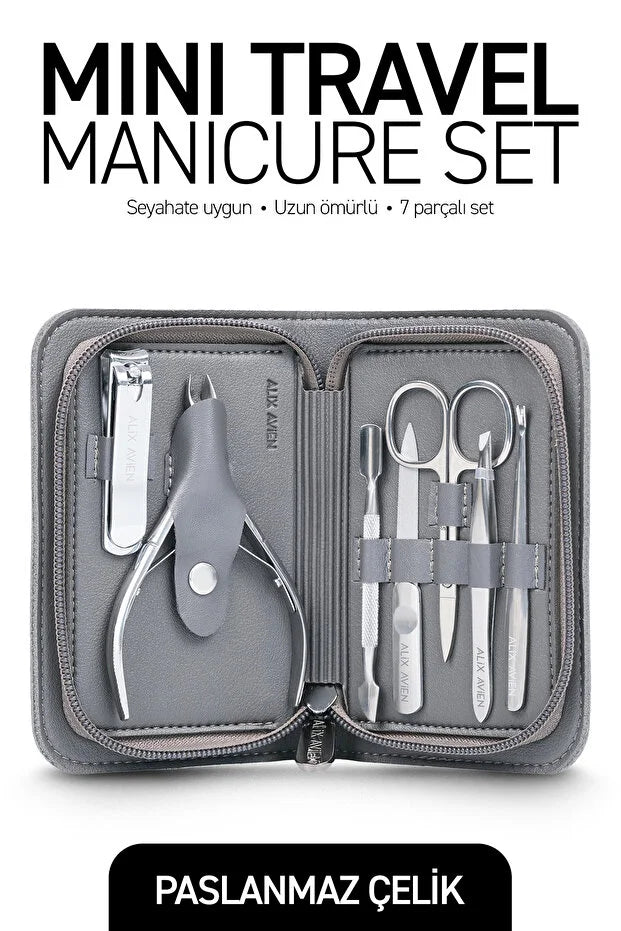 Alix Avien Mini Reis Manicure Set 7-delig - RVS Nagelverzorgingsset met Luxe Etui - Compacte Travel Manicure Kit