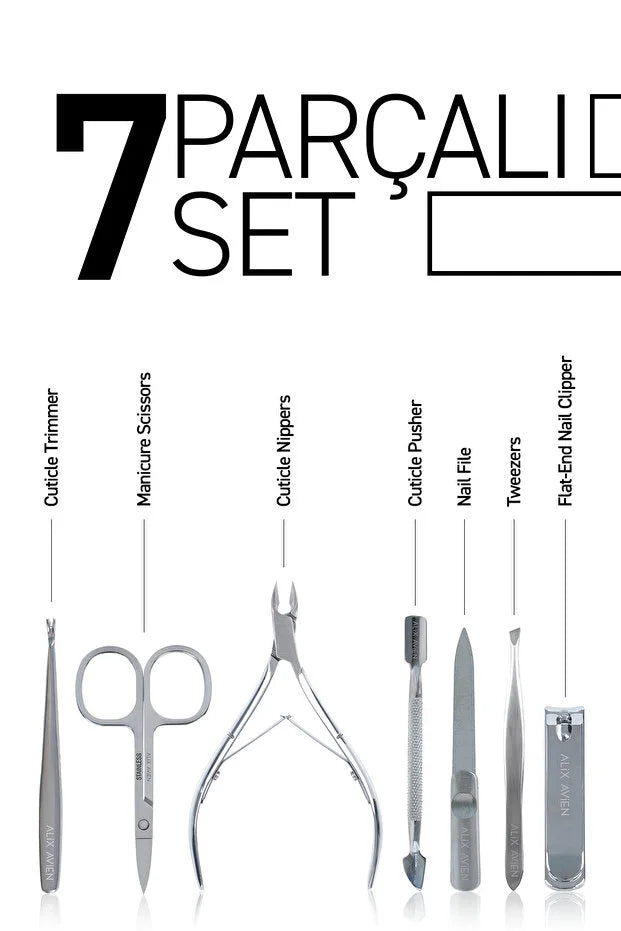 Alix Avien Mini Reis Manicure Set 7-delig - RVS Nagelverzorgingsset met Luxe Etui - Compacte Travel Manicure Kit