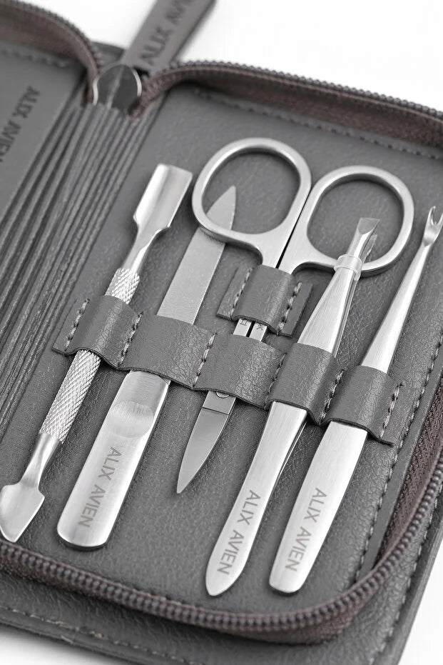Alix Avien Mini Reis Manicure Set 7-delig - RVS Nagelverzorgingsset met Luxe Etui - Compacte Travel Manicure Kit
