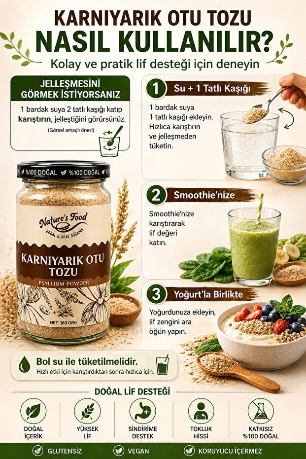 Nature’s Food Psyllium Husk Poeder | Karnıyarık Otu Tozu 160 g – Natuurlijk Vezelsupplement – Glutenvrij – Vegan