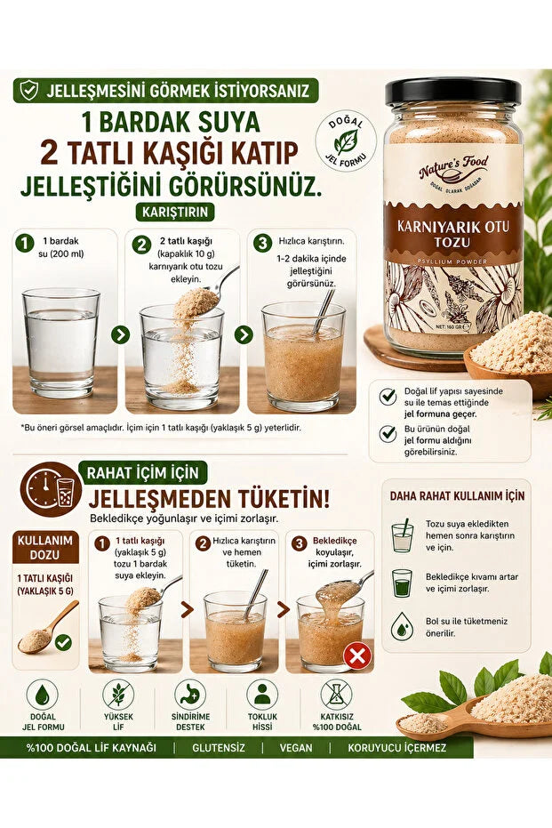 Nature’s Food Psyllium Husk Poeder | Karnıyarık Otu Tozu 160 g – Natuurlijk Vezelsupplement – Glutenvrij – Vegan