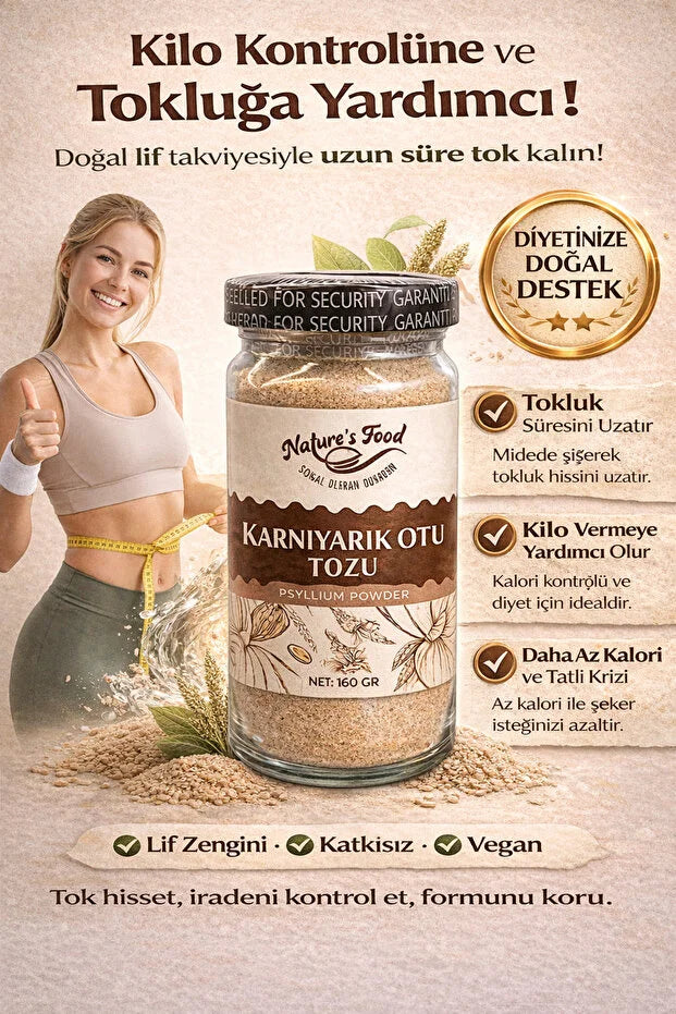 Nature’s Food Psyllium Husk Poeder | Karnıyarık Otu Tozu 160 g – Natuurlijk Vezelsupplement – Glutenvrij – Vegan