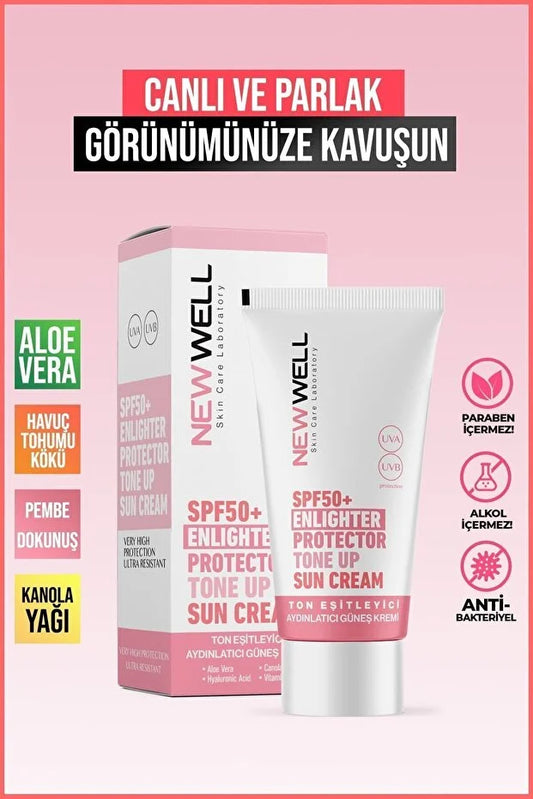 New Well SPF50+ Tone Up Sun Cream 50 ml – Ton Egaliserende & Verhelderende Gezichtszonnecrème met Aloe Vera