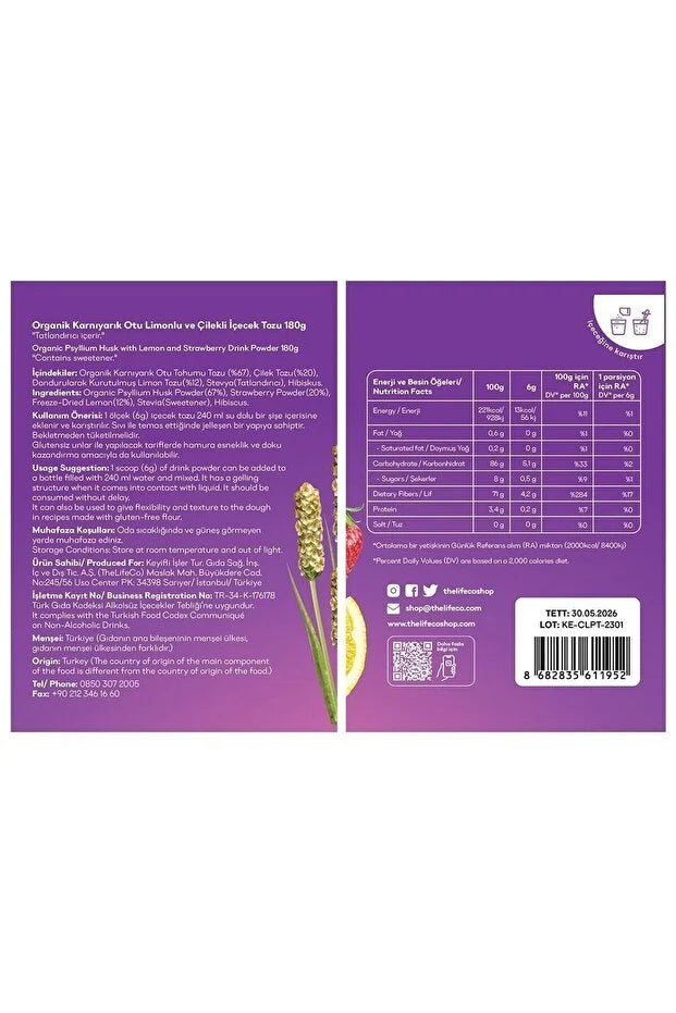 TheLifeCo Organic Psyllium Citroen & Aardbei Drankpoeder – 180 g