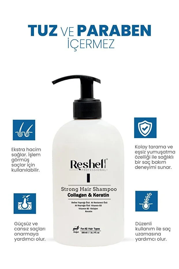 Reshell Professional Strong Hair Shampoo Collagen & Keratin – Zoutvrije Shampoo – 500 ml