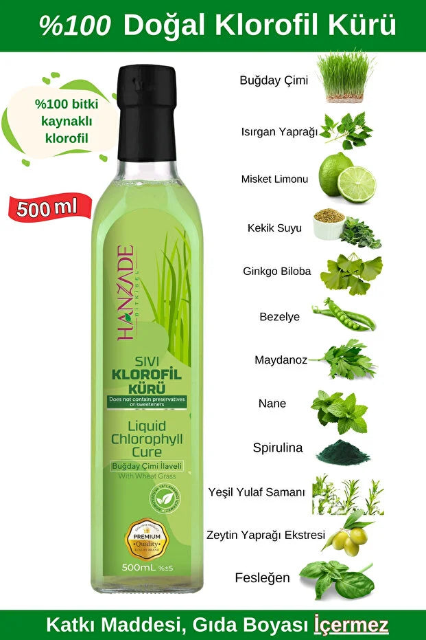 Hanzade Bitkisel Vloeibare Chlorofylkuur 500 ml – Met Tarwegras & Spirulina