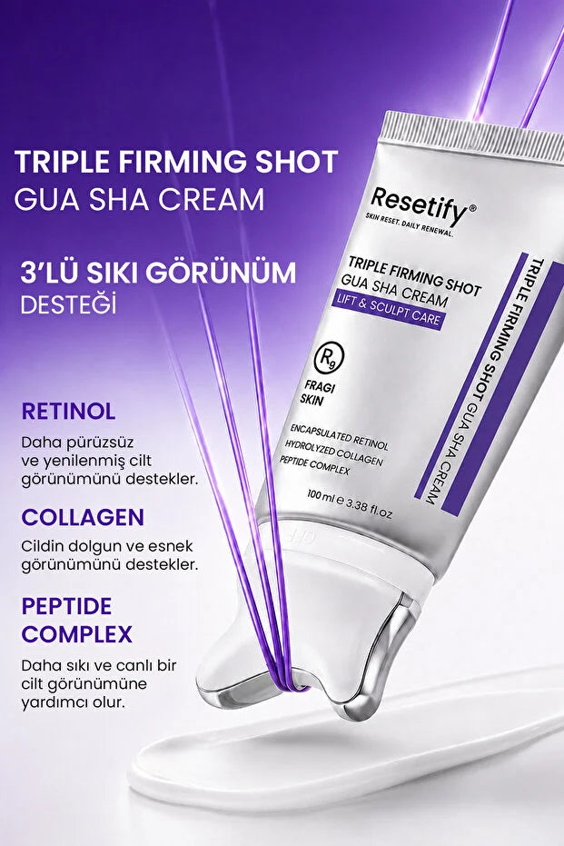 Resetify Triple Firming Shot Gua Sha Cream – Gezichtscrème met Retinol, Collageen & Peptiden – Gua Sha Applicator – 100 ml