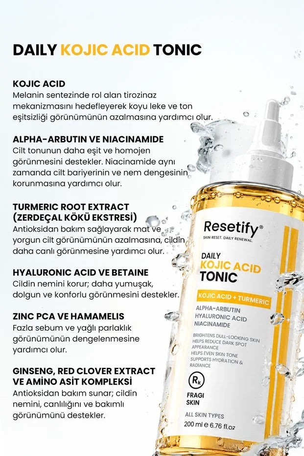 Resetify Daily Kojic Acid Tonic - Gezichtstoner - Kojic Acid & Kurkuma - Alpha Arbutin & Niacinamide - Egaliserende Huidverzorging - 200 ml