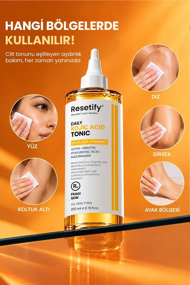Resetify Daily Kojic Acid Tonic - Gezichtstoner - Kojic Acid & Kurkuma - Alpha Arbutin & Niacinamide - Egaliserende Huidverzorging - 200 ml