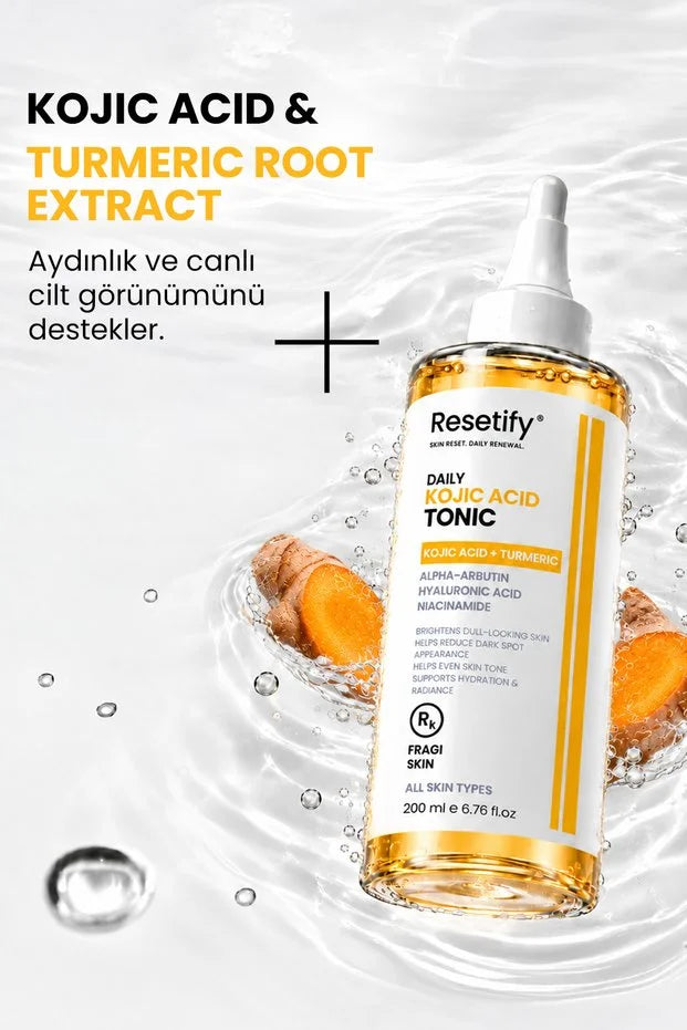 Resetify Daily Kojic Acid Tonic - Gezichtstoner - Kojic Acid & Kurkuma - Alpha Arbutin & Niacinamide - Egaliserende Huidverzorging - 200 ml