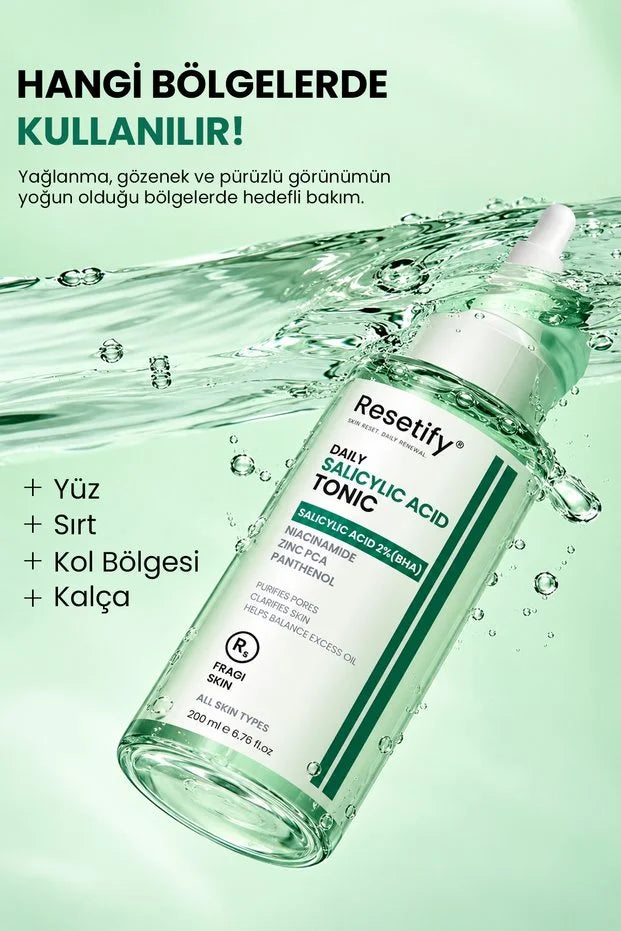 Resetify Daily Salicylic Acid Tonic - Exfoliërende Gezichtstoner - 2% Salicylzuur BHA - Tegen Mee-eters & Verstopte Poriën - Niacinamide - 200 ml