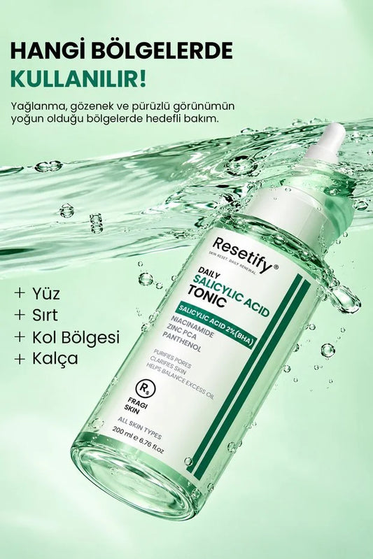 Resetify Daily Salicylic Acid Tonic - Exfoliërende Gezichtstoner - 2% Salicylzuur BHA - Tegen Mee-eters & Verstopte Poriën - Niacinamide - 200 ml