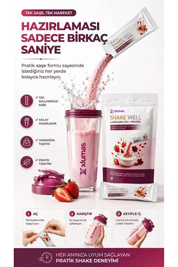 Xlumas Shake Well Karnıyarık Otu + Protein – Aardbei Shake met Vezels – 20 Sachets