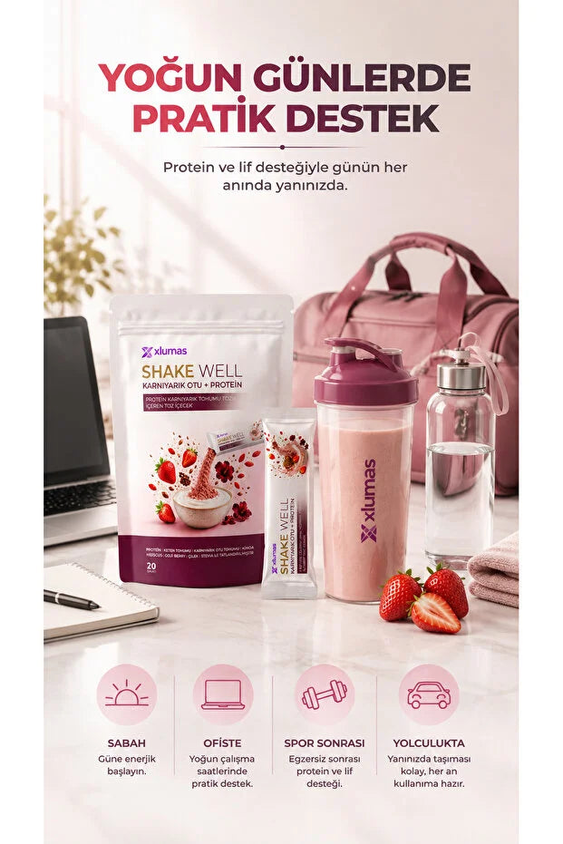 Xlumas Shake Well Karnıyarık Otu + Protein – Aardbei Shake met Vezels – 20 Sachets
