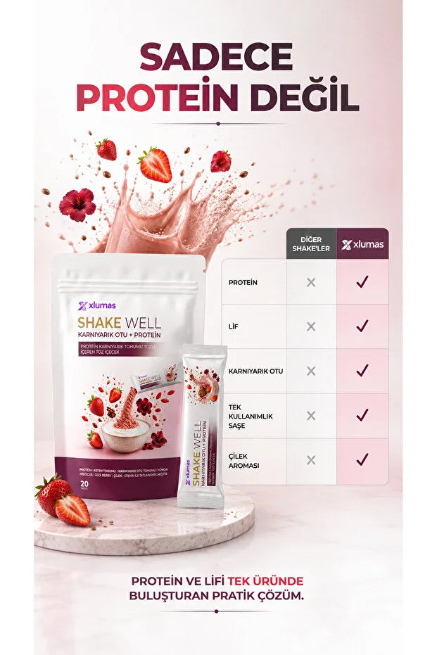 Xlumas Shake Well Karnıyarık Otu + Protein – Aardbei Shake met Vezels – 20 Sachets
