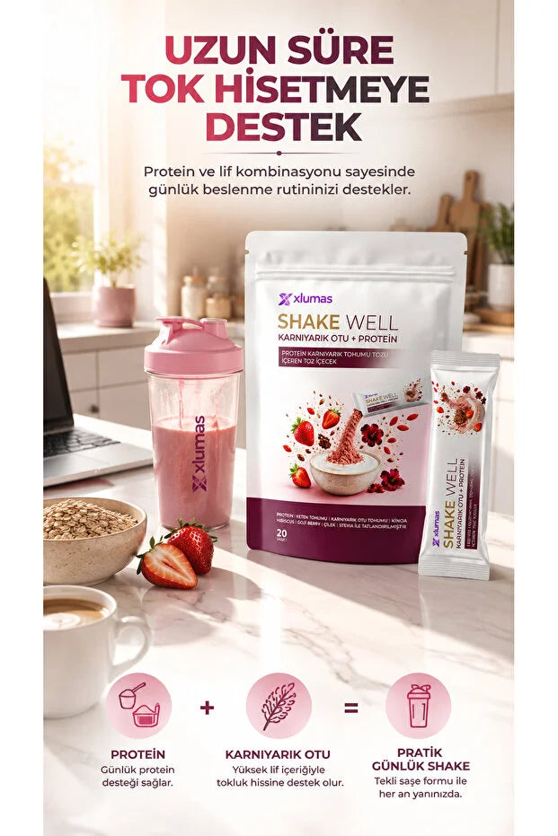 Xlumas Shake Well Karnıyarık Otu + Protein – Aardbei Shake met Vezels – 20 Sachets