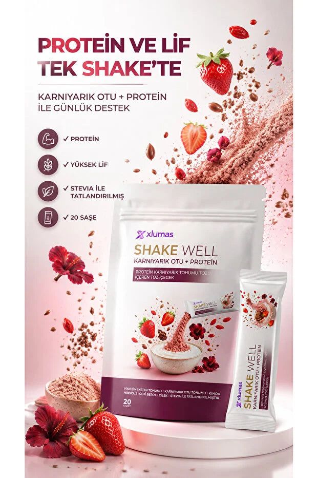 Xlumas Shake Well Karnıyarık Otu + Protein – Aardbei Shake met Vezels – 20 Sachets
