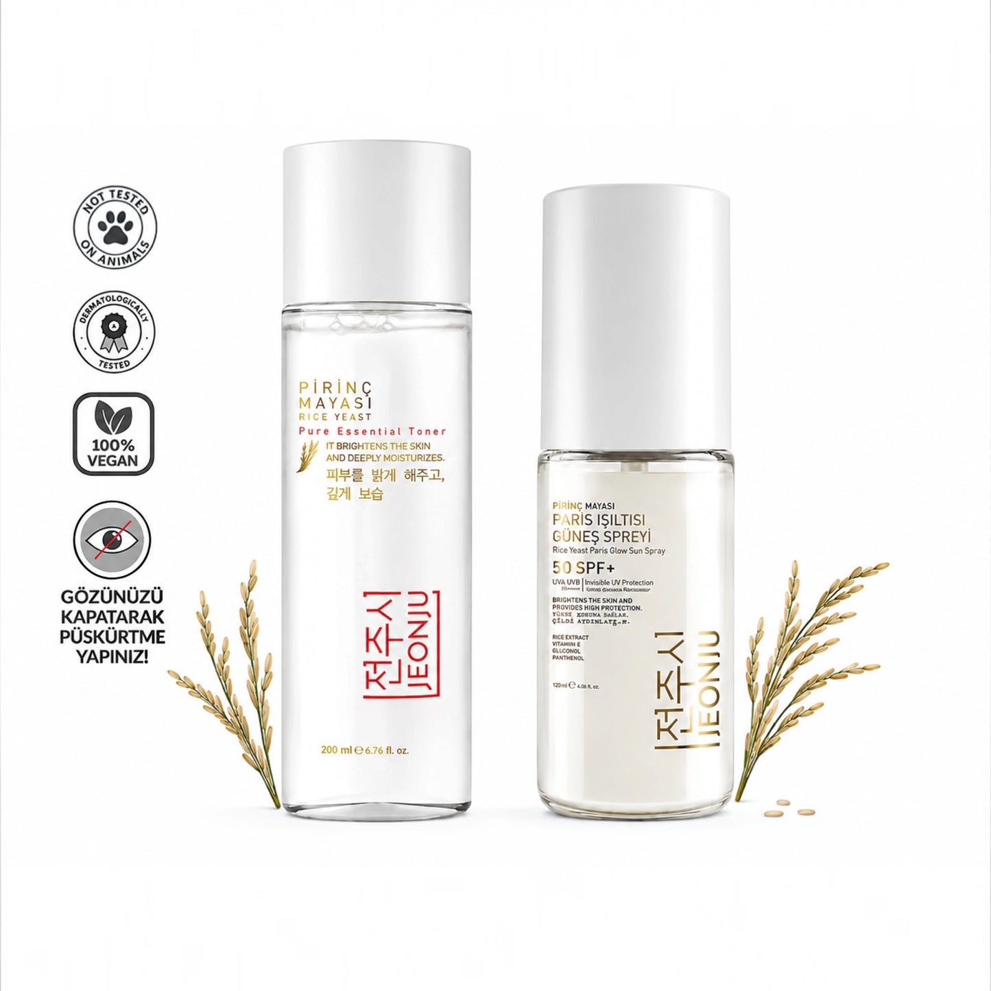 Jeonju Pirinc Mayası Gezichtsverzorgingsset – Rice Yeast Toner 200 ml & Paris Glow SPF 50+ Zonnespray 120 ml
