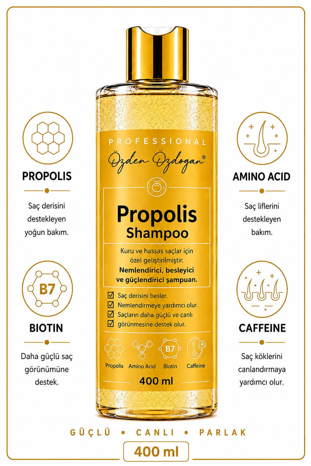 Özden Özdoğan Propolis Shampoo – Verzorgende Shampoo met Biotine, Cafeïne & Aminozuren 400 ml