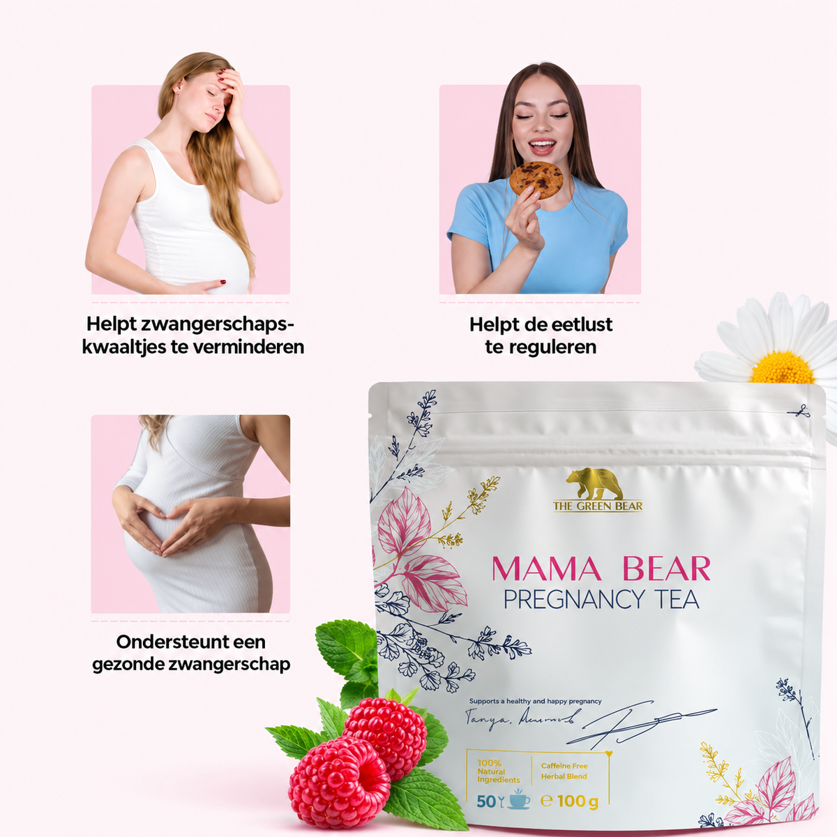 The Green Bear Mama Bear Zwangerschapsthee – Kruidenthee voor Zwangere Vrouwen – Gember, Munt, Frambozenblad &amp; Kamille – 140 g – 50 Porties