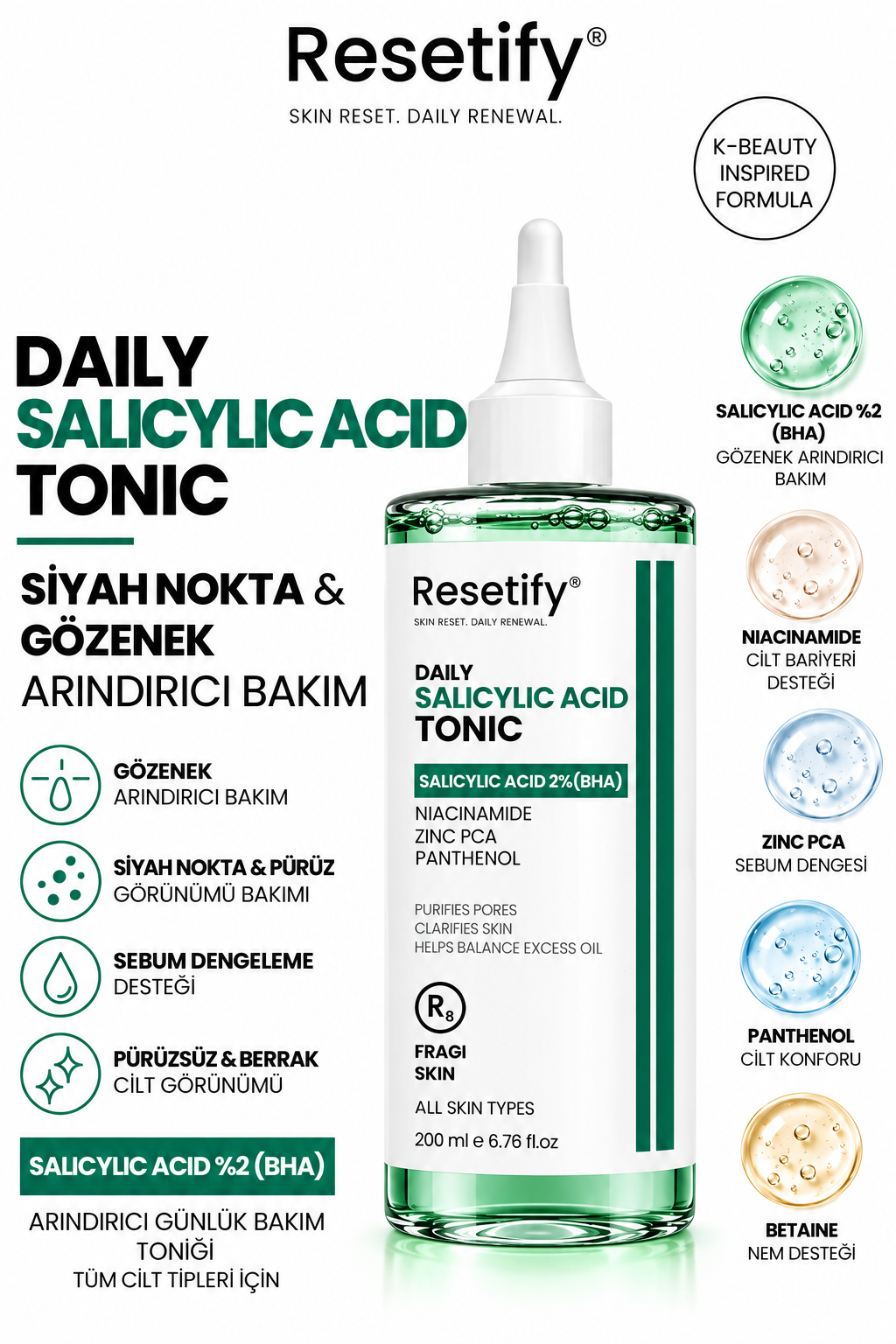 Resetify Daily Salicylic Acid Tonic - Exfoliërende Gezichtstoner - 2% Salicylzuur BHA - Tegen Mee-eters & Verstopte Poriën - Niacinamide - 200 ml