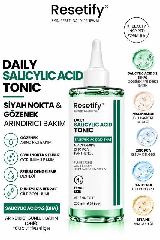 Resetify Daily Salicylic Acid Tonic - Exfoliërende Gezichtstoner - 2% Salicylzuur BHA - Tegen Mee-eters & Verstopte Poriën - Niacinamide - 200 ml