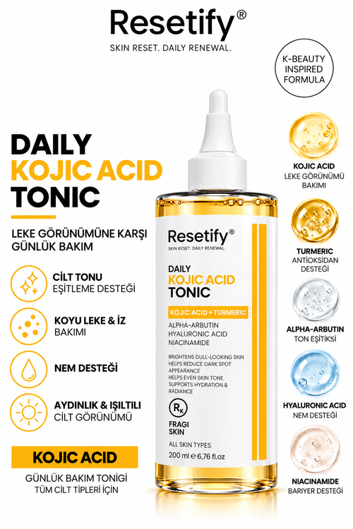 Resetify Daily Kojic Acid Tonic - Gezichtstoner - Kojic Acid & Kurkuma - Alpha Arbutin & Niacinamide - Egaliserende Huidverzorging - 200 ml
