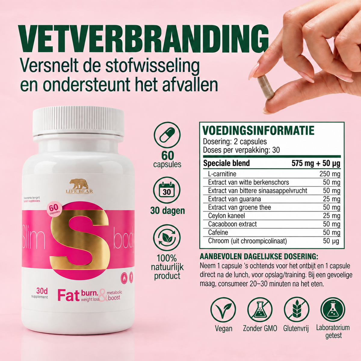 The Green Bear Slim Body – L-Carnitine, Groene Thee, Guarana & Chroom – 60 Capsules – 30 Dagen