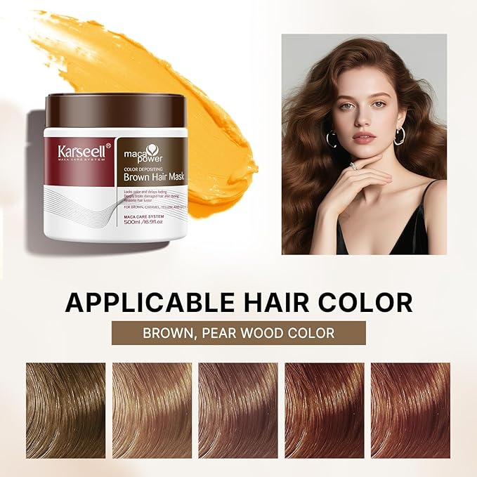 Karseell Brown Hair Mask – Kleurverfrissend Haarmasker – Hydratatie, Glans & Anti-Frizz – Voor Bruin & Gekleurd Haar – 500 ml