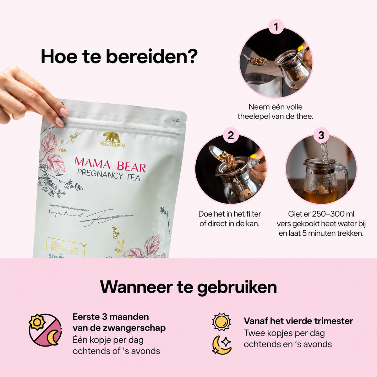 The Green Bear Mama Bear Zwangerschapsthee – Kruidenthee voor Zwangere Vrouwen – Gember, Munt, Frambozenblad &amp; Kamille – 140 g – 50 Porties