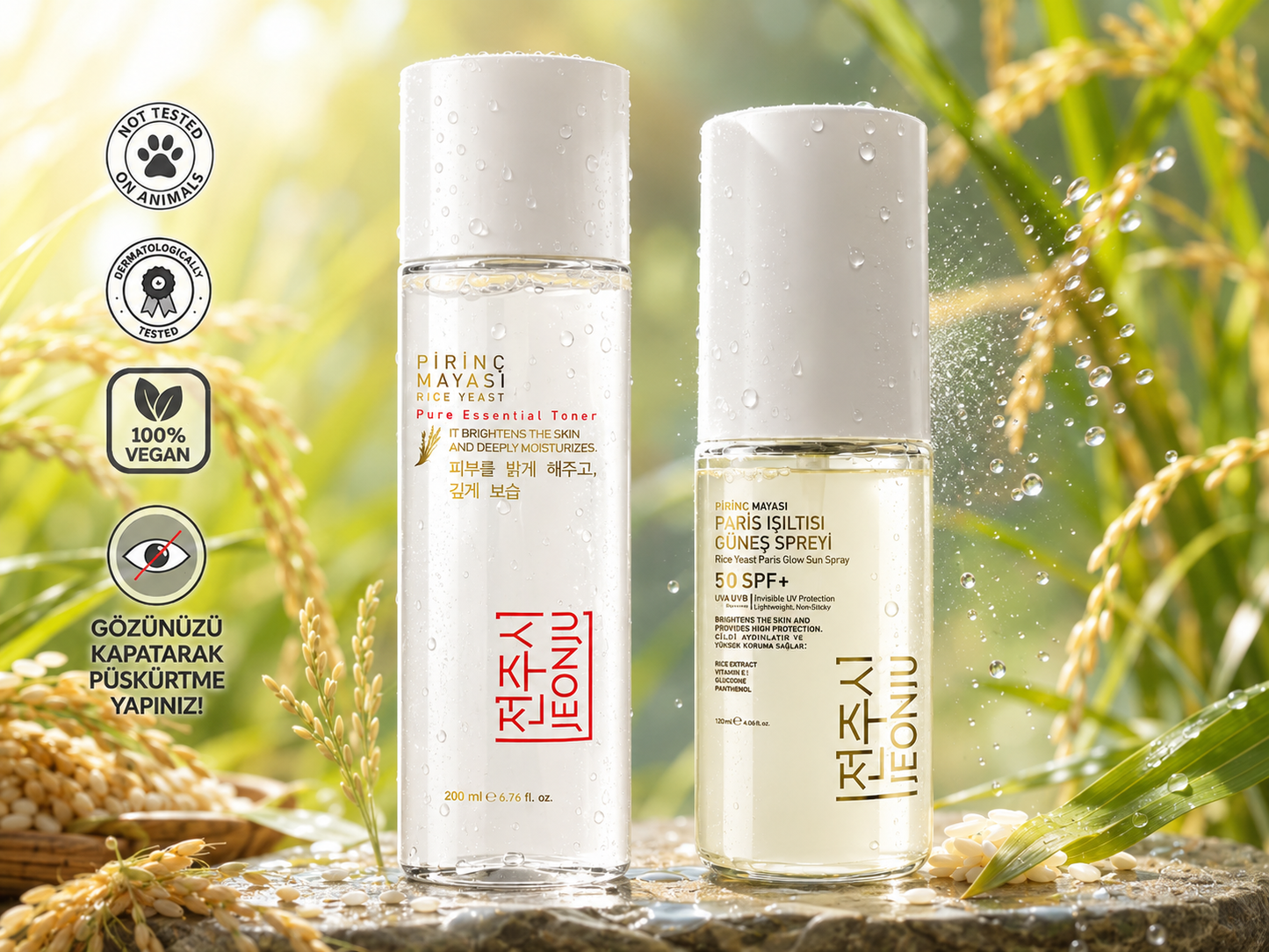 Jeonju Pirinc Mayası Gezichtsverzorgingsset – Rice Yeast Toner 200 ml & Paris Glow SPF 50+ Zonnespray 120 ml