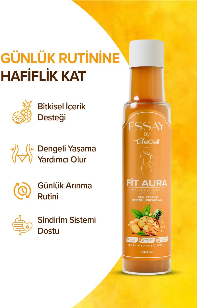 LifeCell Essay Fit Aura Ananas & Gember – Plantaardige Vloeibare Formule 340 ml Esra Ezmeci