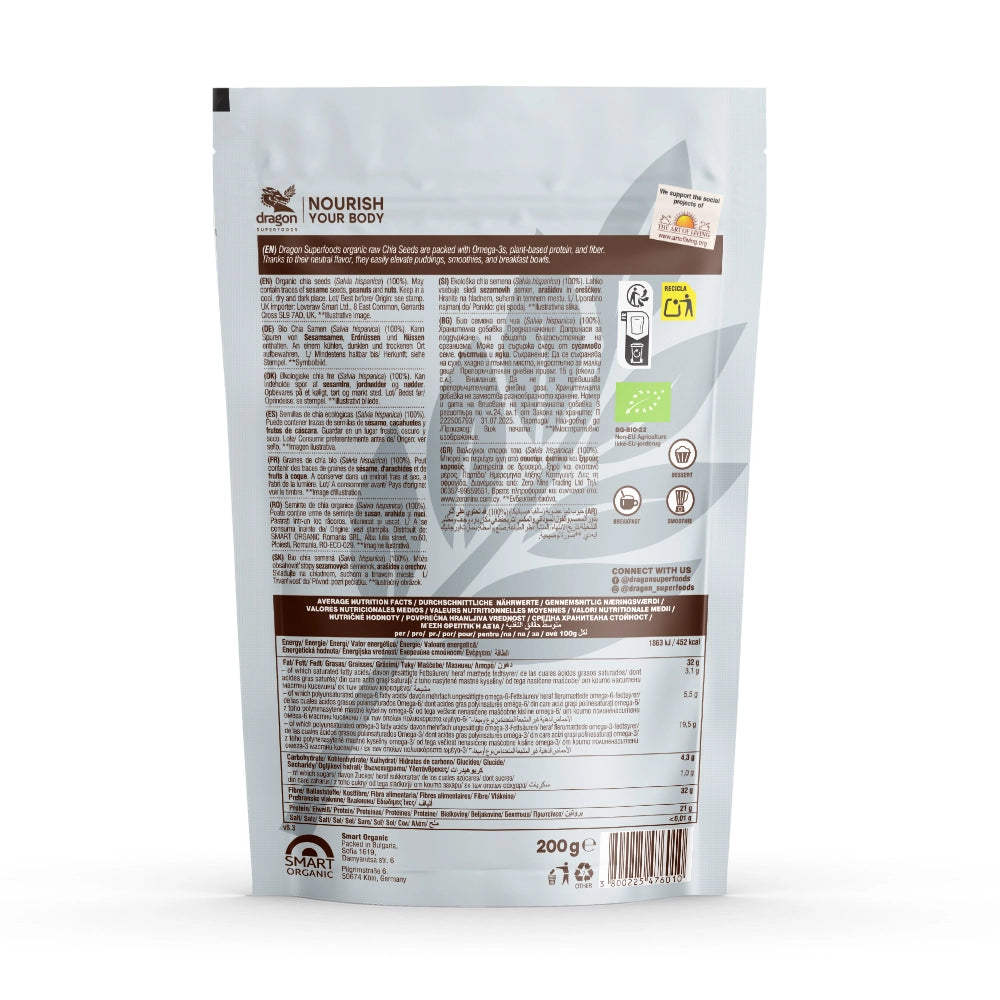 Dragon Superfoods Biologische Chia Seeds 200 g – Rauwe Chiazaad – Vezelrijk &amp; Plantaardige Eiwitbron