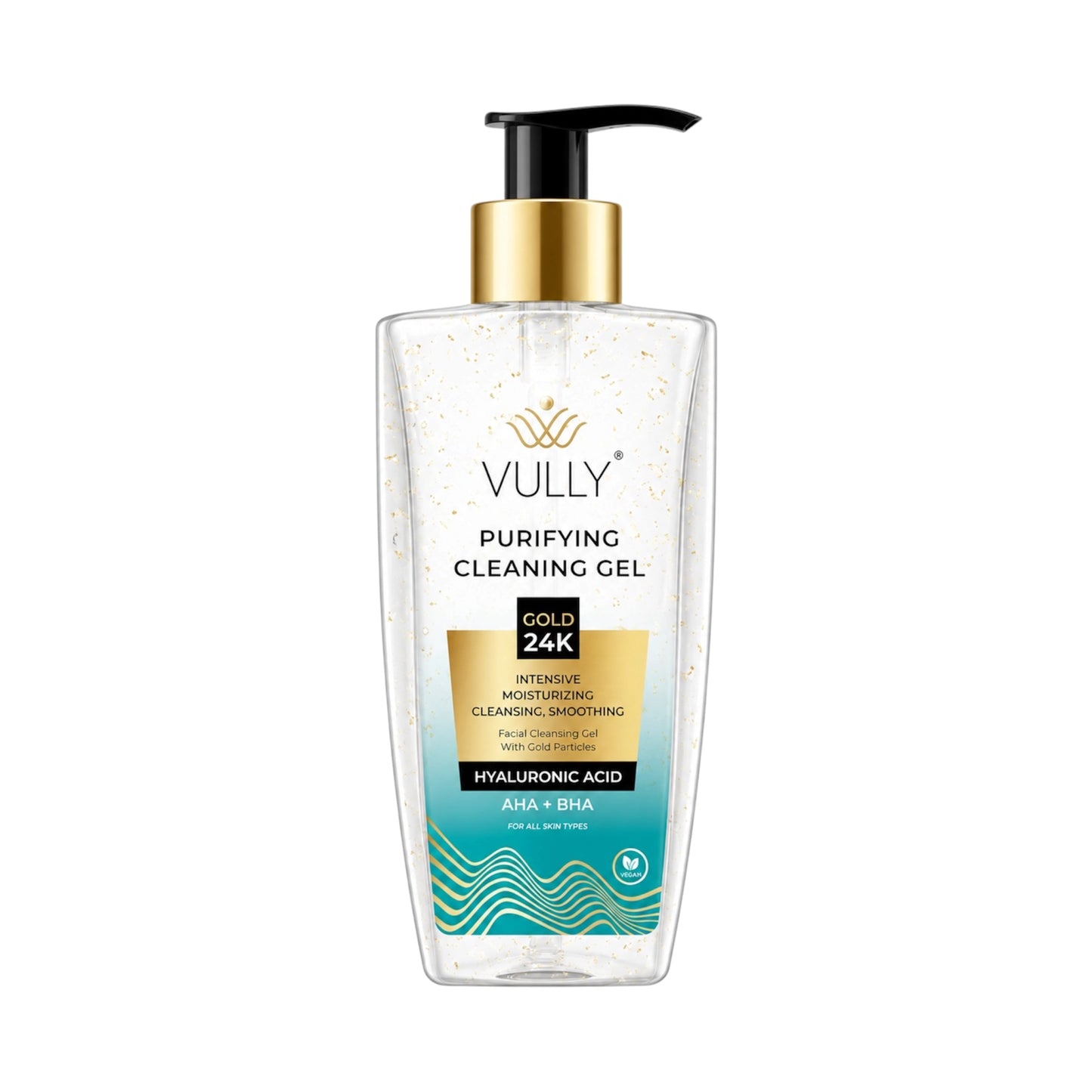 VULLY - Intensieve Zuiverende Hydraterende Roriënverstevigende Verzachtende AHA + BHA Hyaluronzuur Gezichtsreinigingsgel met 24k Gouden Deeltjes 200 ml