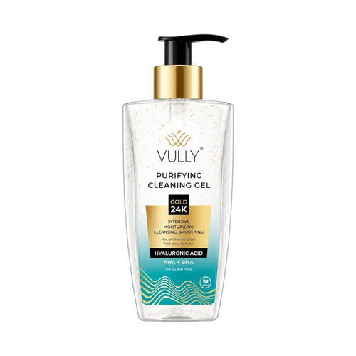 VULLY - Intensieve Zuiverende Hydraterende Roriënverstevigende Verzachtende AHA + BHA Hyaluronzuur Gezichtsreinigingsgel met 24k Gouden Deeltjes 200 ml